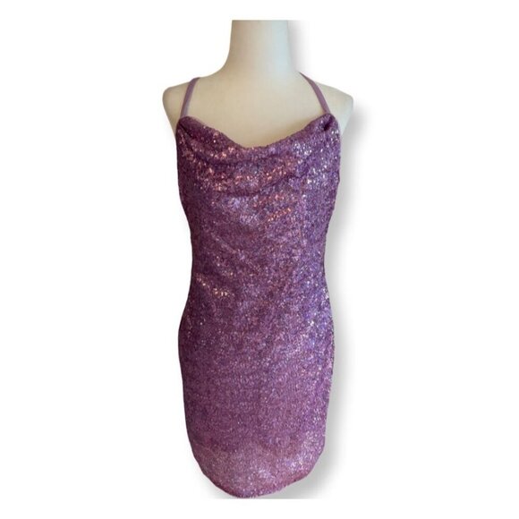 BCBGMAXAZRIA NWT Purple Sequin Cowl Neck Mini Party Dress Size Small Homecoming - Picture 3 of 14